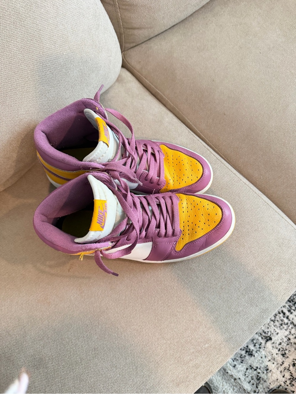 Jordan Women’s High-Top Sneakers — Purple, Yellow & White - Picture 5 of 6